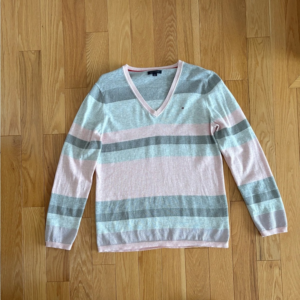 Tommy Hilfiger Pink and Gray V-Neck Cotton Striped Sweater